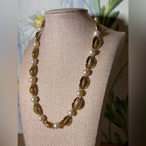 Vintage Trifari Faux Pearl And gold tone Leaf Womens Necklace costume 1950s